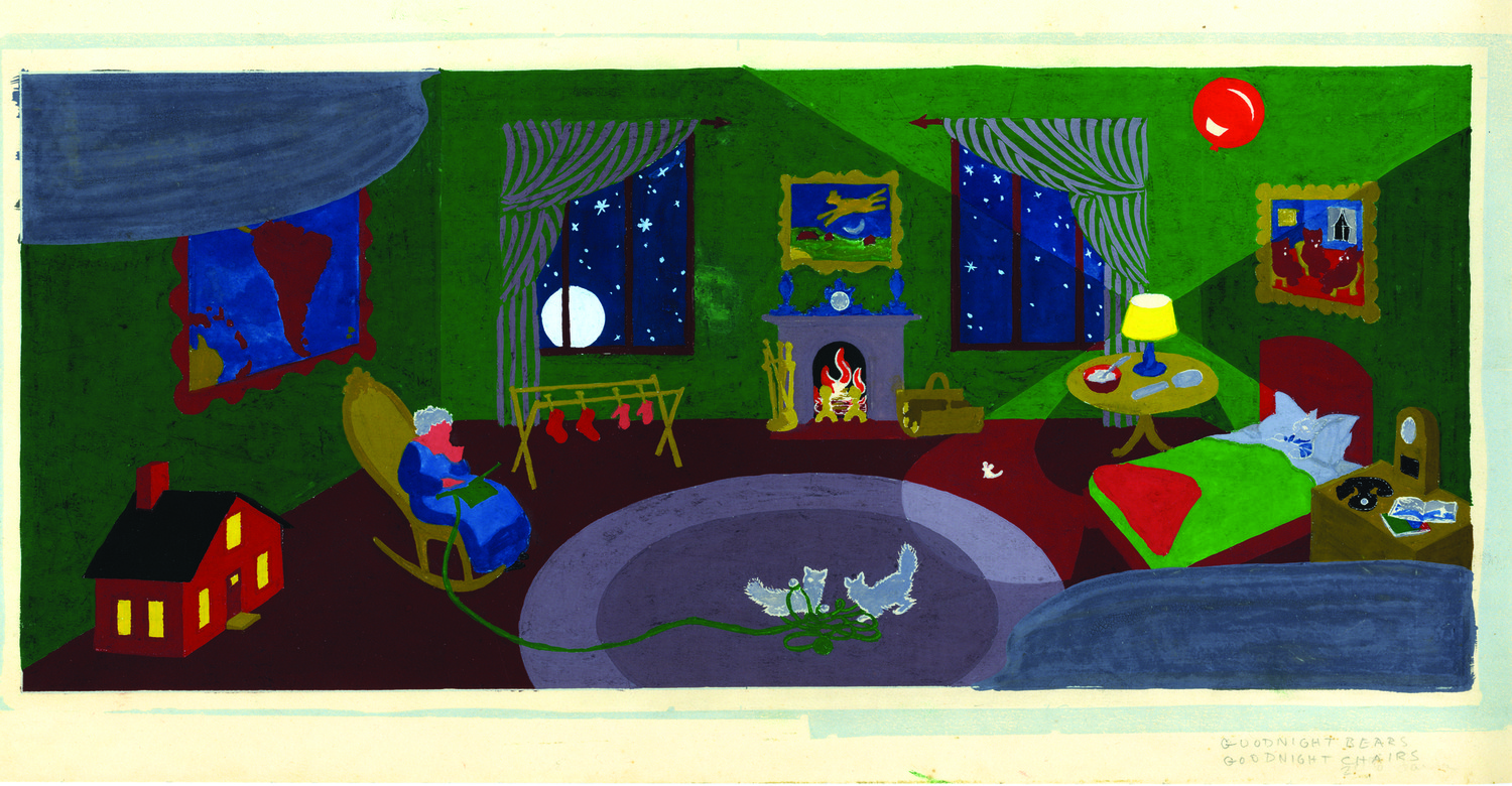 Image of bedroom in Goodnight moon. Note the map on the wall. 