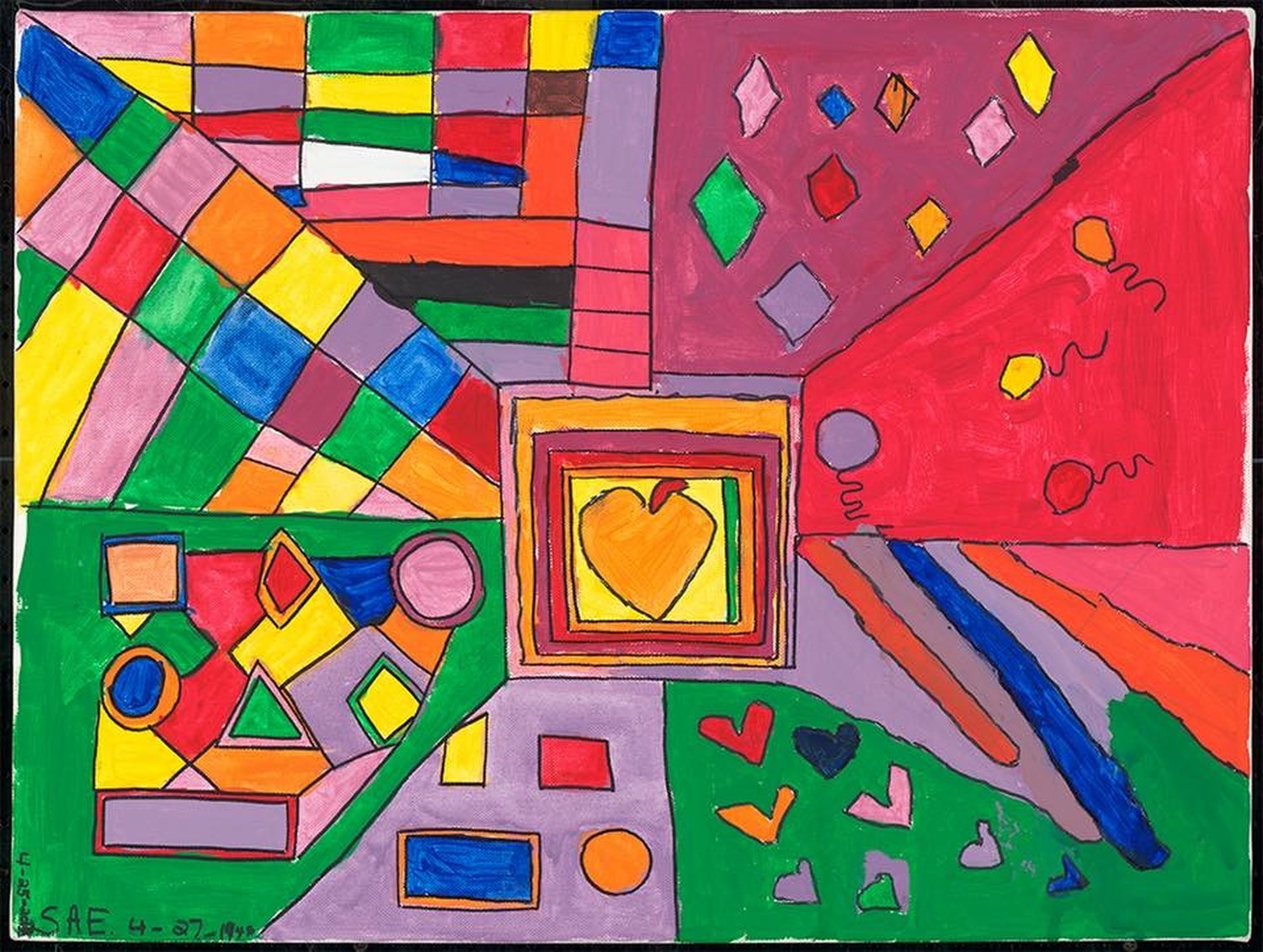 Abstract painting of hearts, balloons