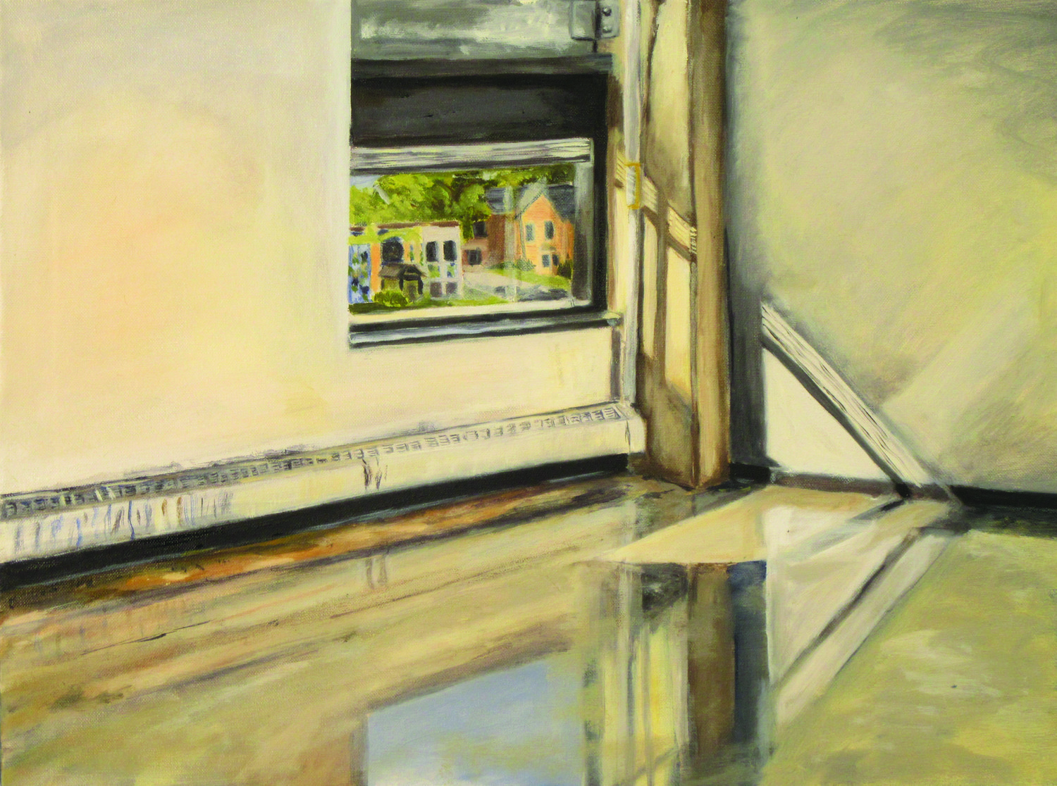Painting of inside of a room looking out a window onto the street