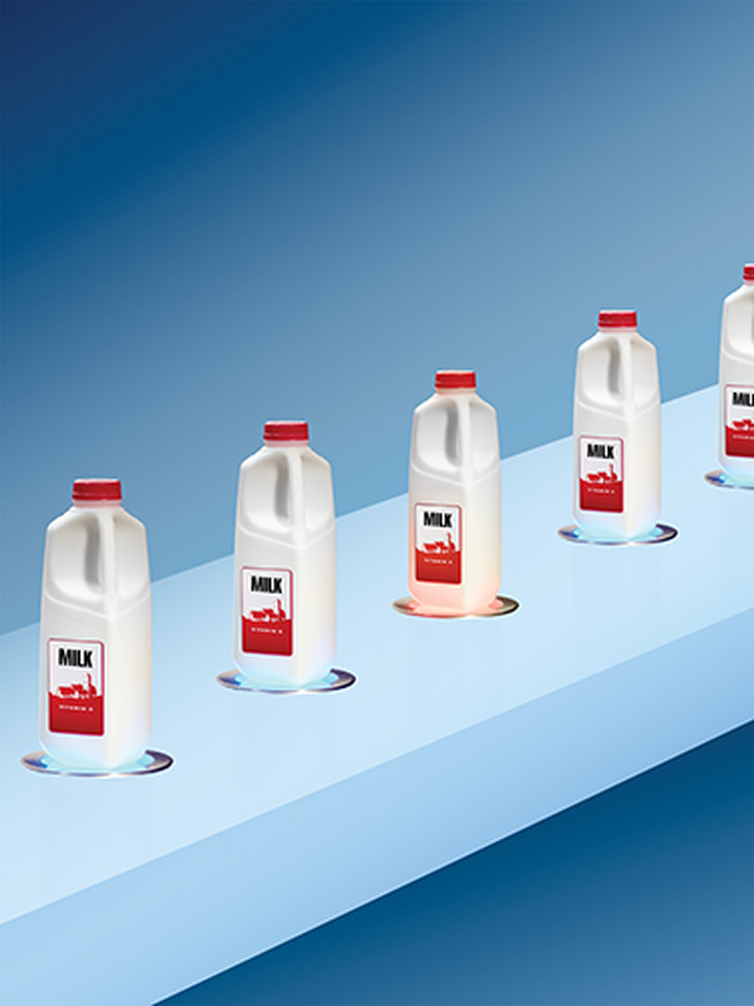 Line of milk bottles with one showing itself as being spoiled
